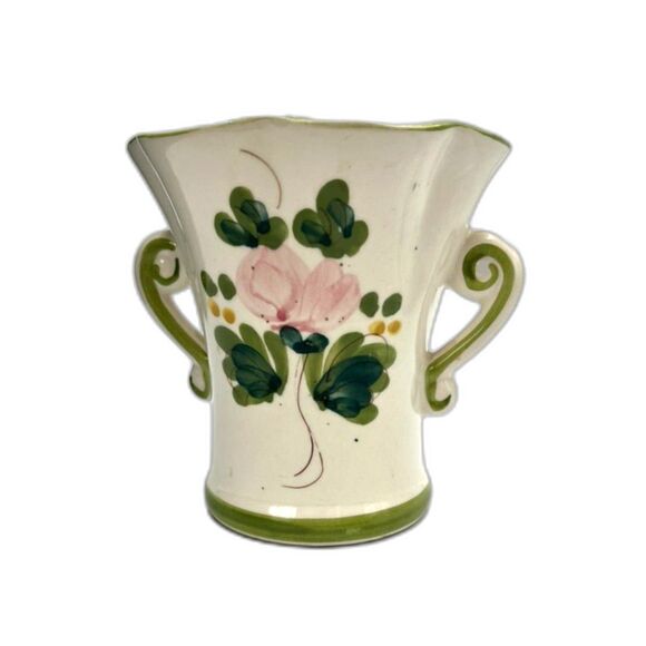 Handpainted in Portugal Vase in Pink, Green, Cream Two Handles Gorgeous! - Picture 2 of 7